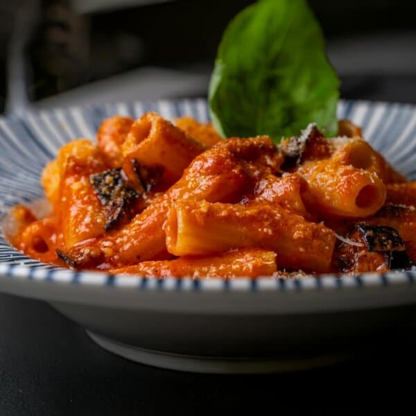 Appetizing rigatoni pasta with tomato sauce, basil, and grilled eggplant.