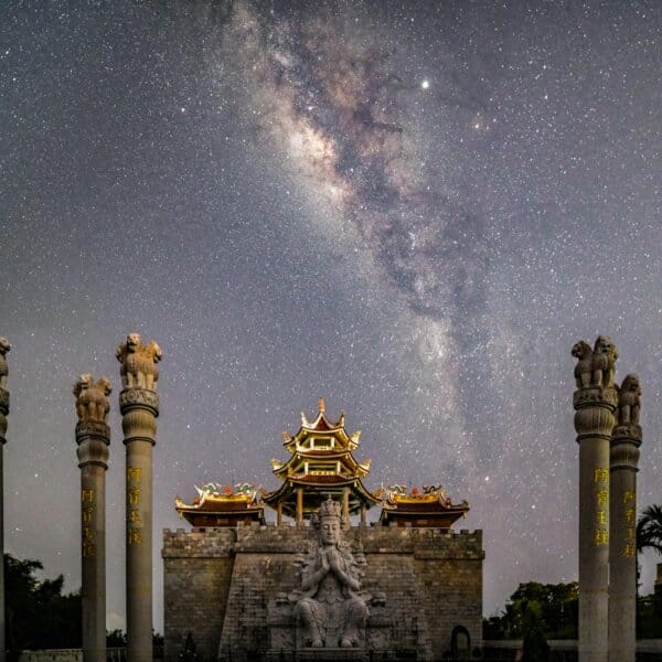 Lohan Temple in Tanjung Pinang, Indonesia under a spectacular Milky Way starry sky.