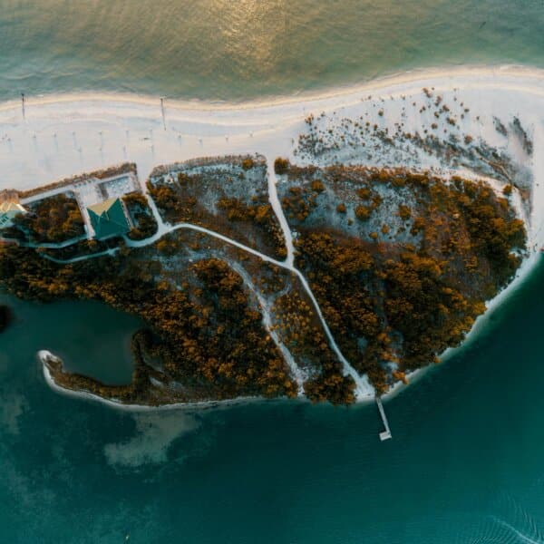 Drone view of a secluded island's sandy beach and lush vegetation by the ocean at daytime.